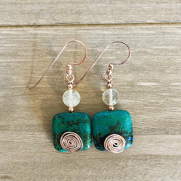 Chrysocolla and Citrine with Copper Genuine Gemstone Earrings, Handmade Original - Picture 3 of 4